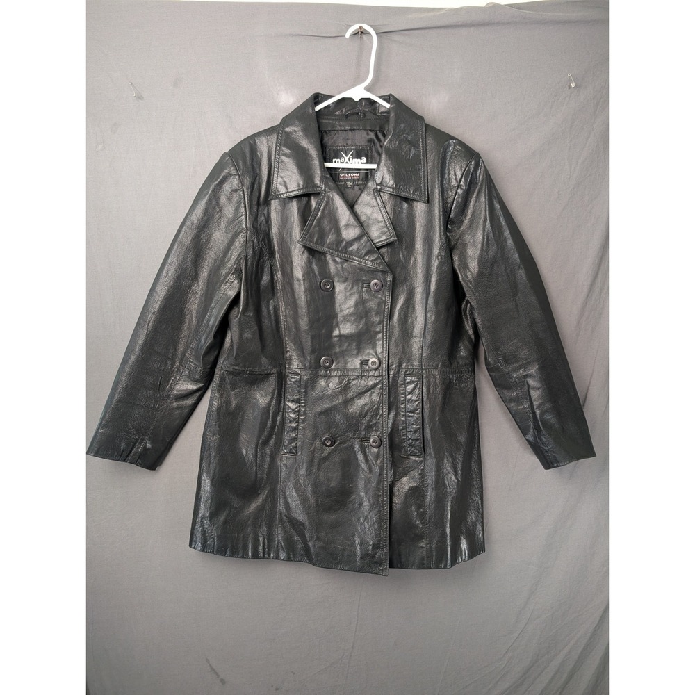 Wilsons Maxima Womens Black Leather Double Breasted Trench Coat Jacket XL